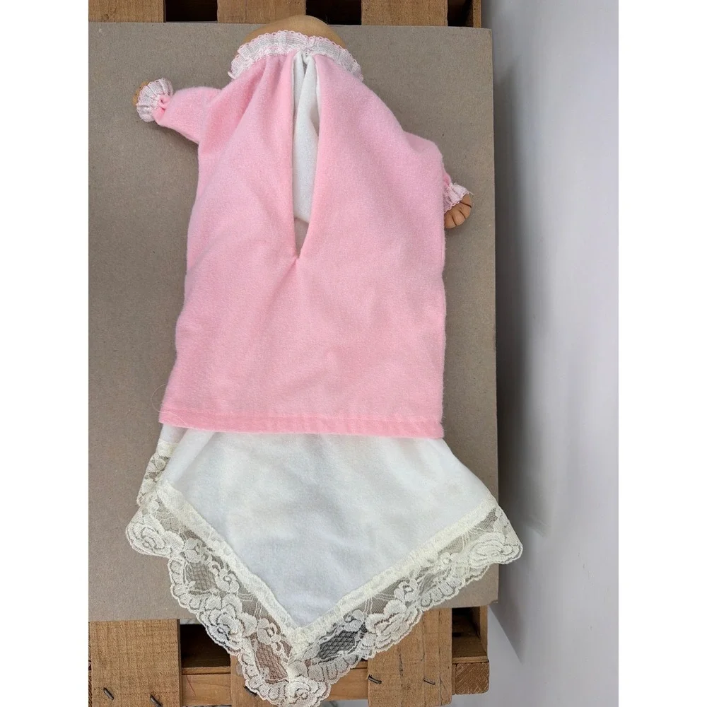 Vintage Soft Sculpture Sleeping Baby Hand Puppet Pink Fleece Lace Handkerchief